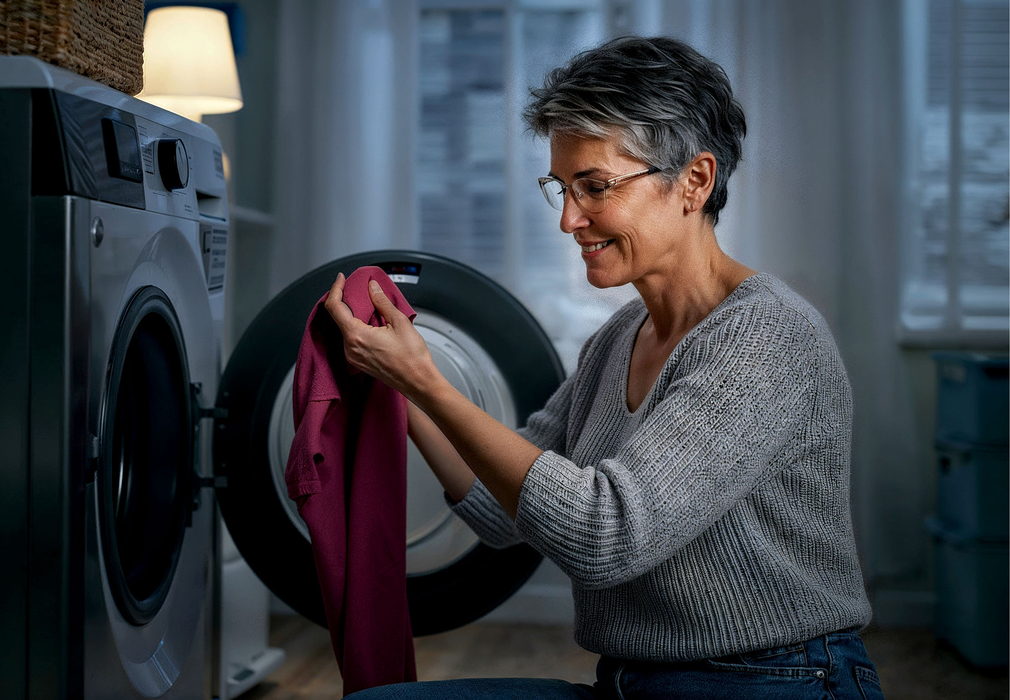 Vrouw bij wasmachine in de avond