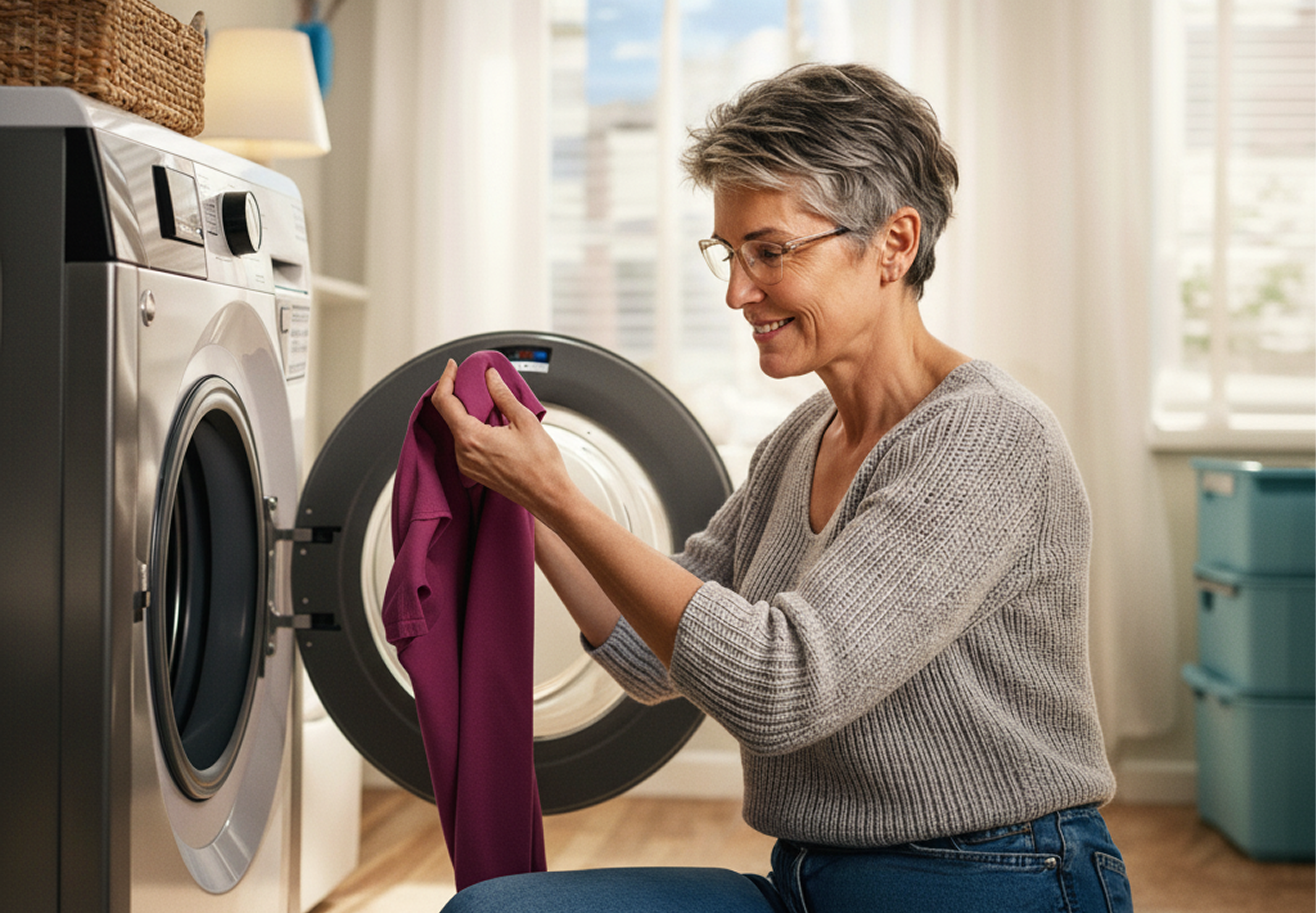 Vrouw bij wasmachine met kleding in hand